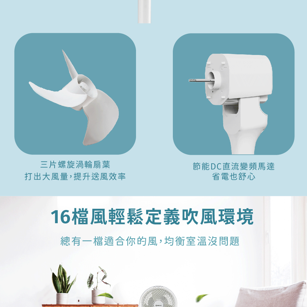 三片螺旋渦輪扇葉打出大風量,提升送風效率節能DC直流變頻馬達省電也舒心16檔風輕鬆定義吹風環境總有一檔適合你的風,均衡室溫沒問題