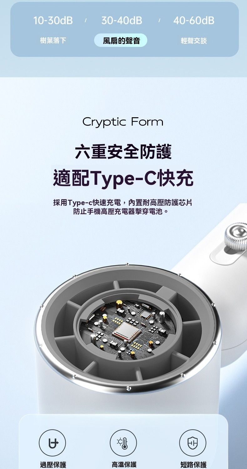 10-30dB  30-40dB樹葉落下40-60dB風扇的聲音輕聲交談Cryptic Form六重安全防護適配Type-C快充採用Type-c快速充電,內置耐高壓防護芯片防止手機高壓充電器擊穿電池。過壓保護高溫保護短路保護