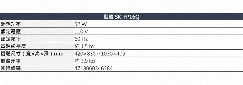 消耗功率額定電壓額定頻率電源線長度機體尺寸(寬高深)mm機體淨重國際條碼型號 SK-FP16Q52 W110 V  1.5m 420x835~1030405 3.9 kg4718060346384