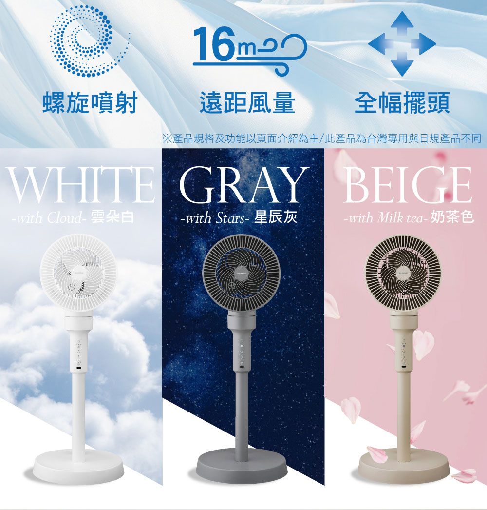 螺旋噴射遠距風量全幅擺頭※產品規格及功能以頁面介紹為主/此產品為台灣專用與日規產品不同WHITE GRAY BEIGE-with Cloud-雲朵白-with Stars-星辰灰-with Milktea-奶茶色