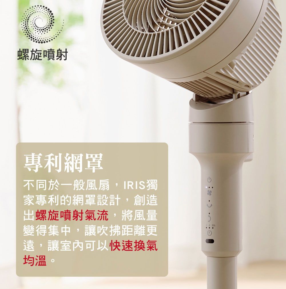 螺旋噴射專利網罩不同於一般風扇,IRIS獨家專利的網罩設計,創造螺旋噴射氣流,將風量變得集中,讓吹拂距離更遠,讓可以快速換氣均溫