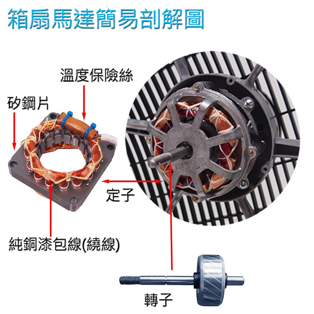 箱扇馬達簡易剖解圖矽鋼片溫度保險絲定子純銅漆包線(繞線)轉子