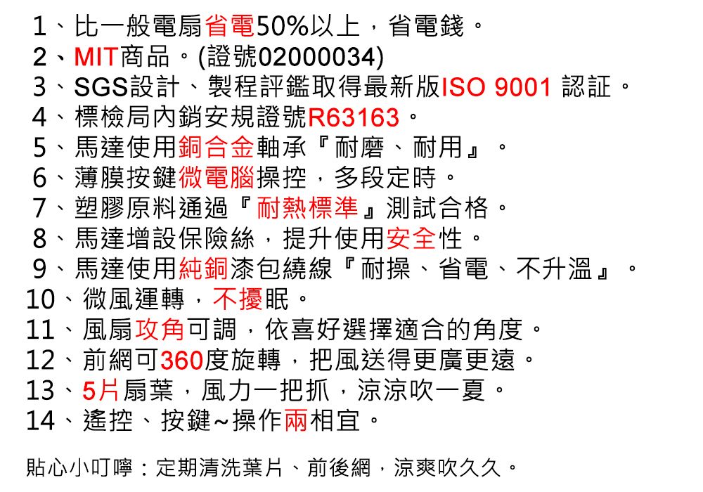 1、比一般電扇省電50%以上,省電錢2、MIT商品(證號02000034)3、SGS設計、製程評鑑取得最新版ISO 9001 認証。4、標檢局內銷安規證號R63163。5、馬達使用銅合金軸承耐磨、耐用。6、薄膜按鍵微電腦操控,多段定時。7、塑膠原料通過耐熱標準』測試合格。8、馬達增設保險絲,提升使用安全性。9、馬達使用純銅漆包繞線耐操、省電、不升溫』。10、微風運轉,不擾眠。11、風扇攻角可調,依喜好選擇適合的角度。12、前網可360度旋轉,把風送得更廣更遠。13、5片扇葉,風力一把抓,涼涼吹一夏。14、遙控、按鍵操作兩相宜。貼心小叮嚀:定期清洗葉片、前後網,涼爽吹久久。。