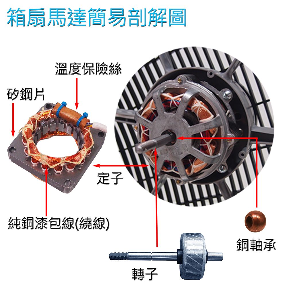 箱扇馬達簡易剖解圖矽鋼片溫度保險絲定子純銅漆包線(繞線)轉子銅軸承