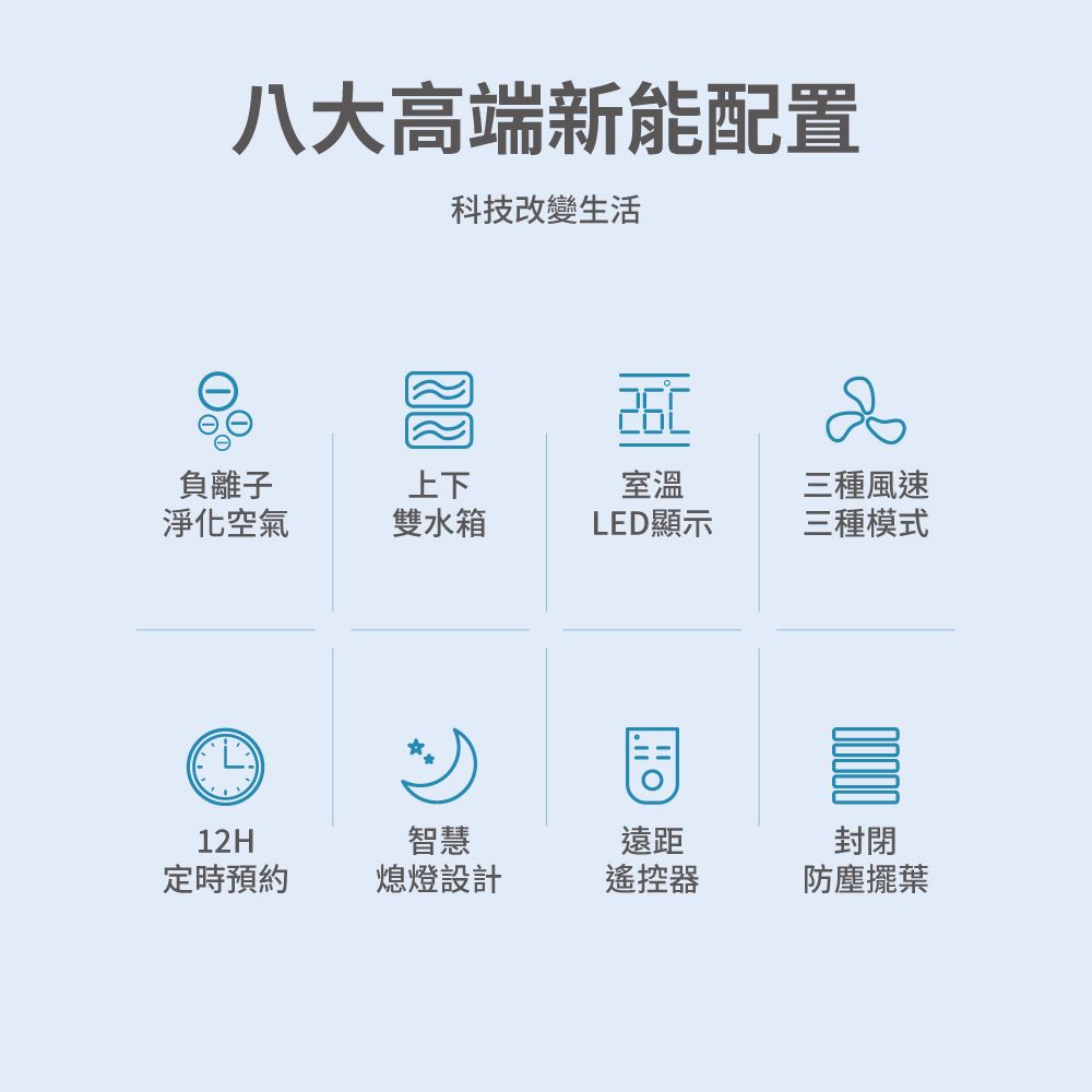 八大高端新能配置科技改變生活三種風速負離子上下室溫淨化空氣雙水箱LED顯示三種模式12H智慧遠距封閉定時預約熄燈設計遙控器防塵擺葉