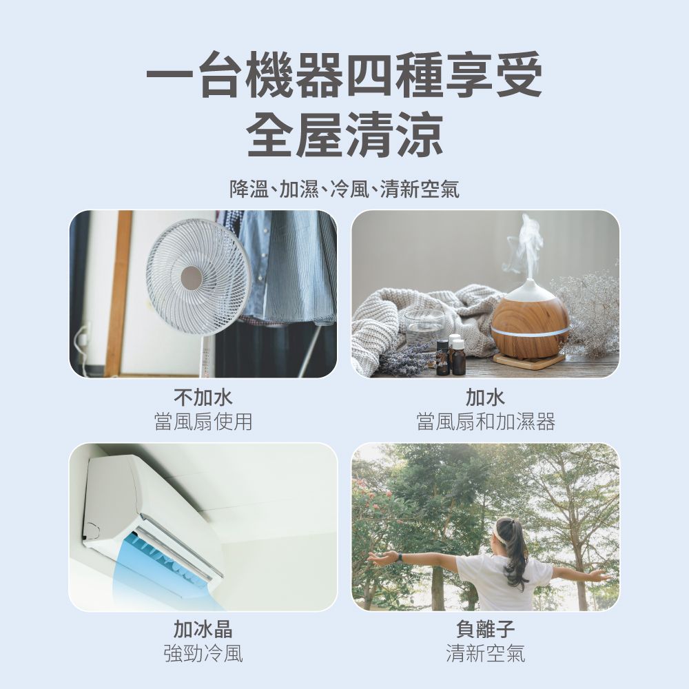 一台機器四種享受全屋清涼降溫、加濕、冷風、清新空氣不加水加水當風扇使用當風扇和加濕器加冰晶強勁冷風負離子清新空氣