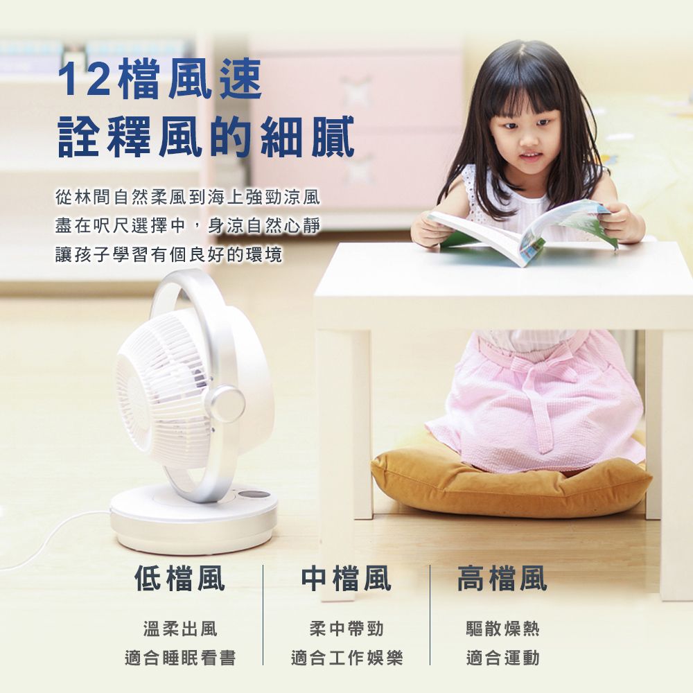 12檔風速詮釋風的細膩從林間自然柔風到海上強勁涼風盡在呎尺選擇中,身涼自然心靜讓孩子學習有個良好的環境低檔風中檔風高檔風溫柔出風柔中帶勁驅散燥熱適合睡眠看書適合工作娛樂適合運動