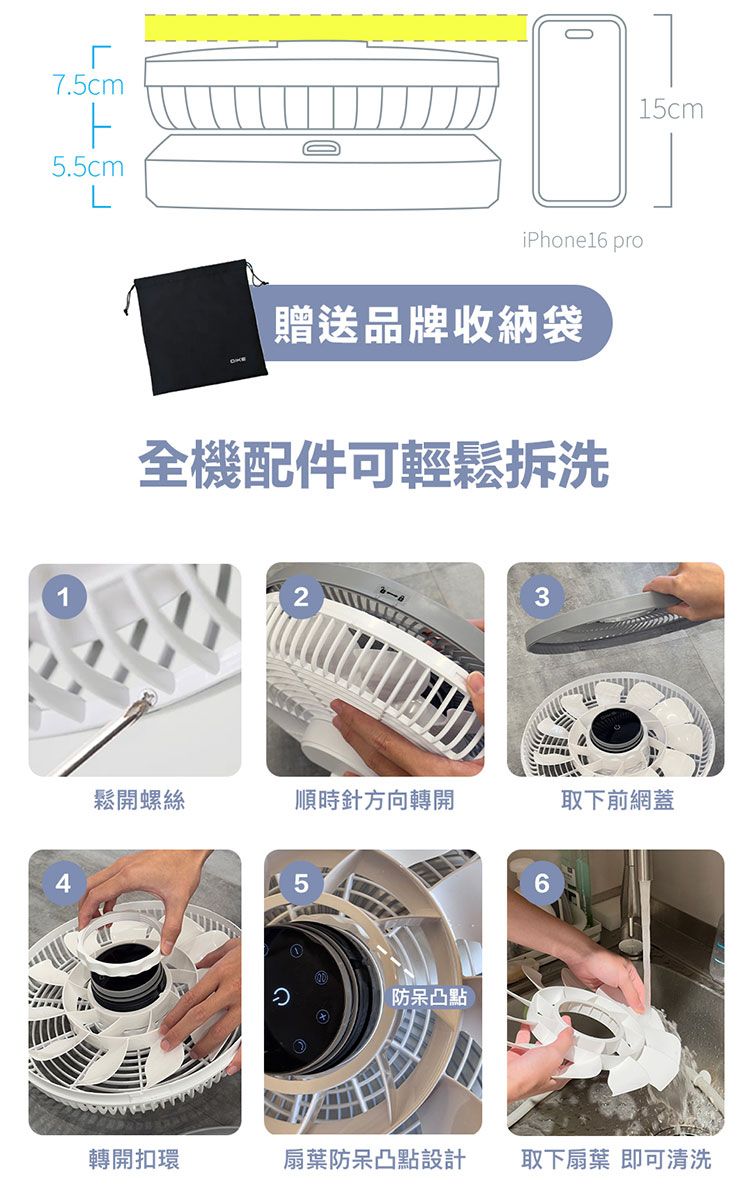 7.5cm5.5cm4LiPhone16 pro贈送品牌收納袋全機配件可輕鬆拆洗3215cm鬆開螺絲順時針方向轉開取下前網蓋5凸點6轉開扣環扇葉凸點設計取下扇葉即可清洗