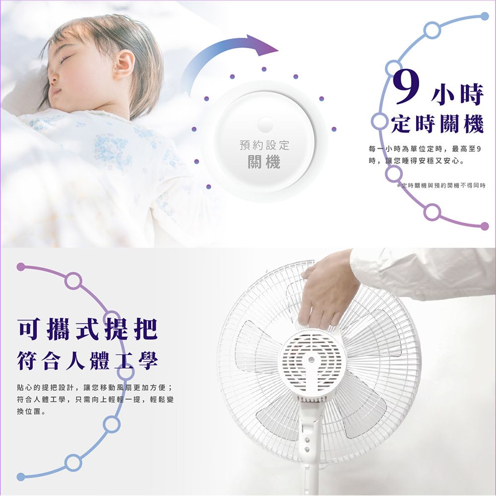 可攜式提把符合人體工學貼心的提把設計,讓您移動風扇更加方便;符合人體工學,只需向上輕輕一提,輕鬆變換位置。9小時預約設定關機每一小時為單位定時,最高至9時,讓您睡得安穩又安心。定時關機與預約開機不得