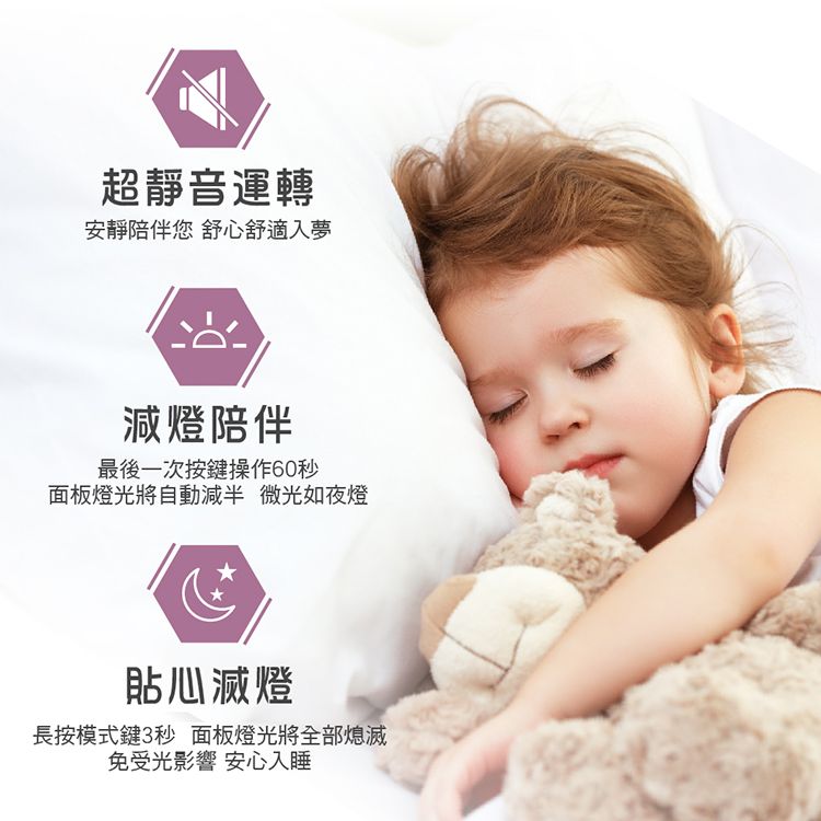 超靜音運轉安靜陪伴您 舒心舒適入夢減燈陪伴最後一次按鍵操作60秒面板燈光將自動減半 微光如夜燈貼心滅燈長按模式鍵3秒 面板燈光將全部熄滅免受光影響 安心入睡