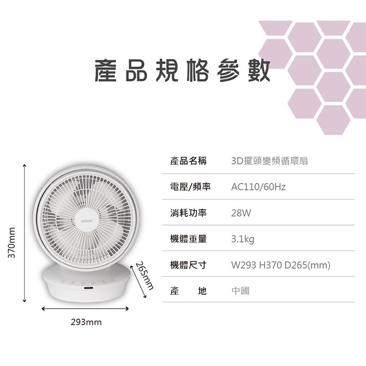 370mm293mm產品規格參數265mm產品名稱3D擺頭變頻循環扇電壓/頻率AC110/60Hz消耗功率28W機體重量3.1kg機體尺寸W293 H370 D265(mm)產地中國