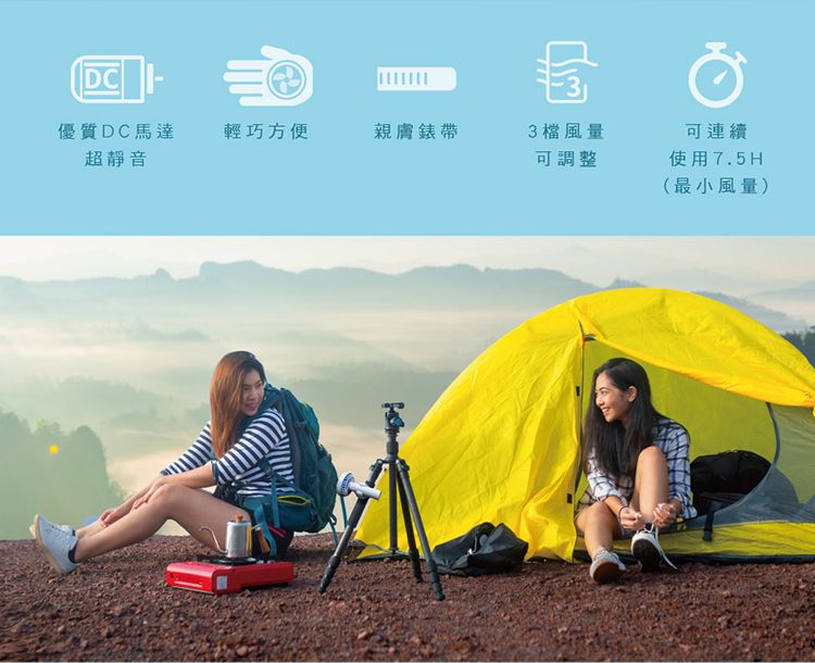 DC優質DC馬達超靜音輕巧方便親膚錶帶3風量可調整可連續使用7.5H(最小風量)