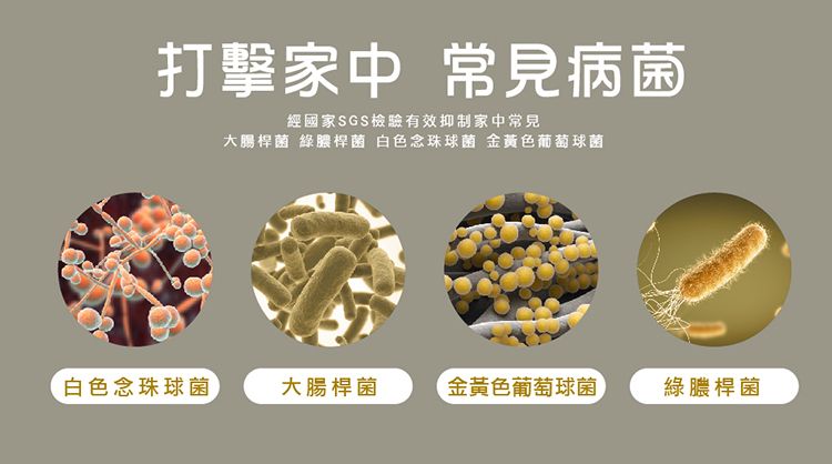 打擊家中 常見病菌經國家SGS檢驗有效抑制家中常見大腸桿菌 綠膿桿菌 白色念珠球菌 金黃色葡萄球菌白色念珠球菌大腸桿菌金黃色葡萄球菌綠膿桿菌