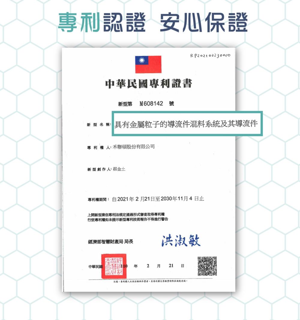 專利認證 安心保證中華民國專利證書新型第M608142 號新型名稱 具有金屬粒子的導流件混料系統及導流件:禾聯股份有限公司新型創作人:蔡金土期間:20212月21至203011月4日止上開新型業依專利法規定通過形式審查取得專利權行使專利權如提示新型專利技術報告不得進行警告經濟部智財產局局長洪淑敏中華民國 年 2 月 21 日注意:專利權人未年其專利權自