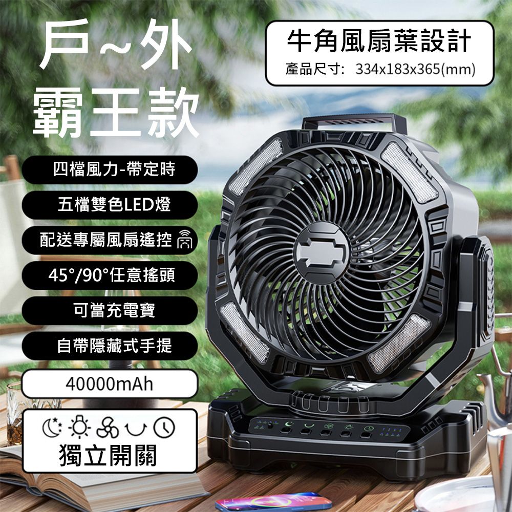  【集集客】戶外露營充電電風扇 超長續航 搖頭制冷扇 釣魚野營扇 可挂帳篷降溫神器 桌扇大風力  行動電源 【4萬毫安】-旗艦加強版4檔大風超長續航