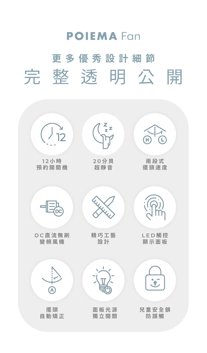 POIEMA Fan更多優秀設計細節完整透明公開1212小時20兩段式預約開關機超靜音擺頭速度DC直流無刷精巧工藝LED觸控變頻風機設計顯示面板擺頭面板光源兒童安全鎖自動矯正獨立開關防誤觸