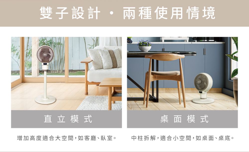 雙子設計兩種使用情境直立模式桌面模式增加高度適合大空間,如客廳、臥室。中柱拆解,適合小空間,如桌面、桌底。