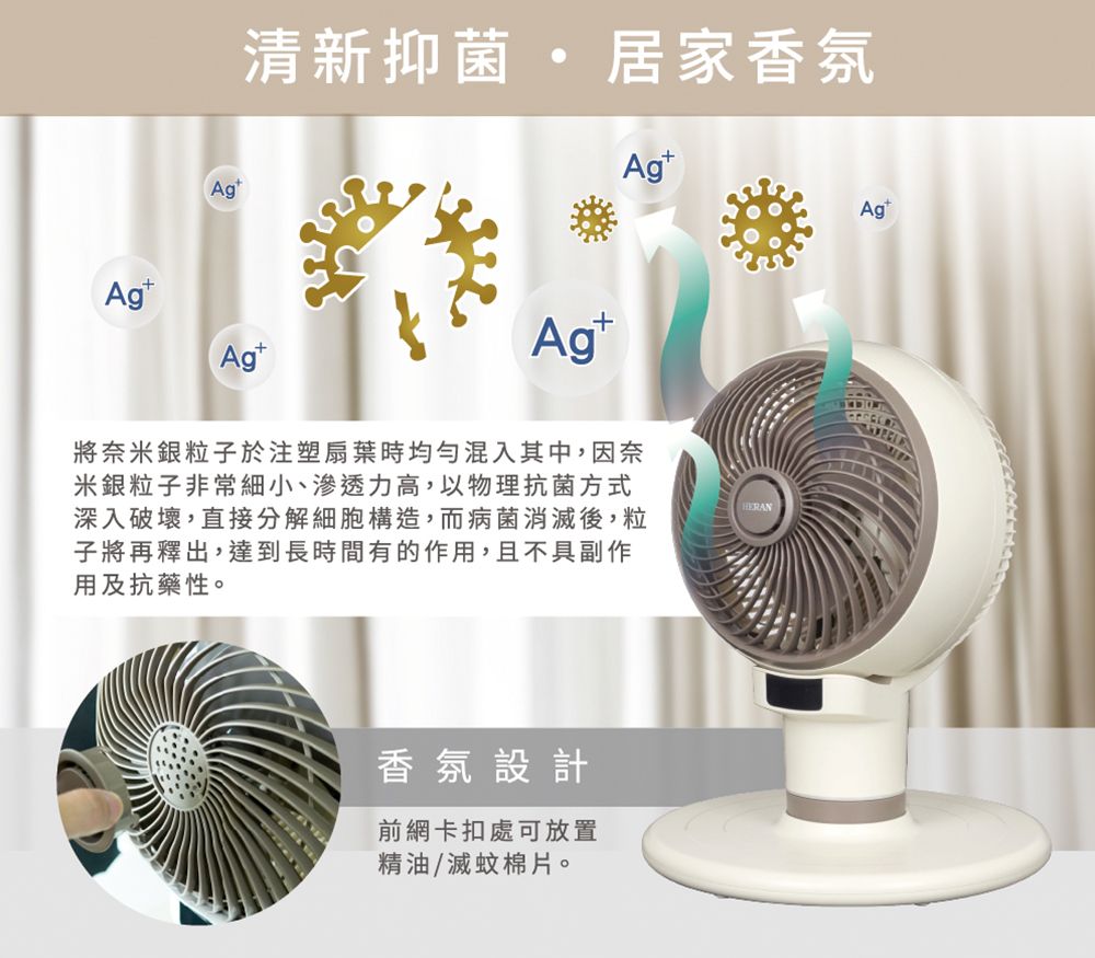 Ag清新抑菌居家香氛AgAgtAgt將奈米銀粒子於注塑扇葉時均勻混入其中,因奈米銀粒子非常細小、滲透力高,以物理抗菌方式深入破壞,直接分解細胞構造,而病菌消滅後,粒子將再釋出,達到長時間有的作用,且不具副作用及抗藥性。香氛設計前網卡扣處可放置精油/滅蚊棉片。