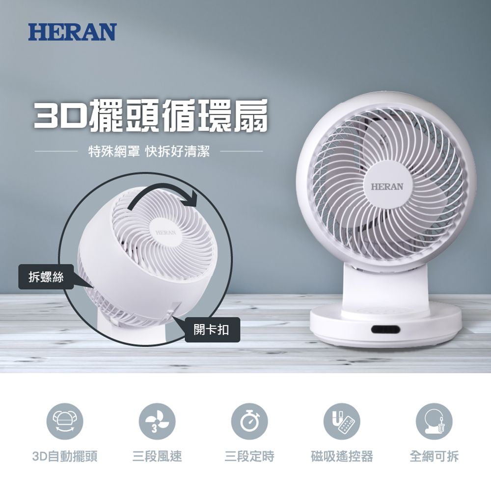 擺頭循環扇特殊網罩 快拆好清潔拆螺絲HERAN開卡扣HERAN3D自動擺頭三段風速三段定時磁吸遥控器全網可拆