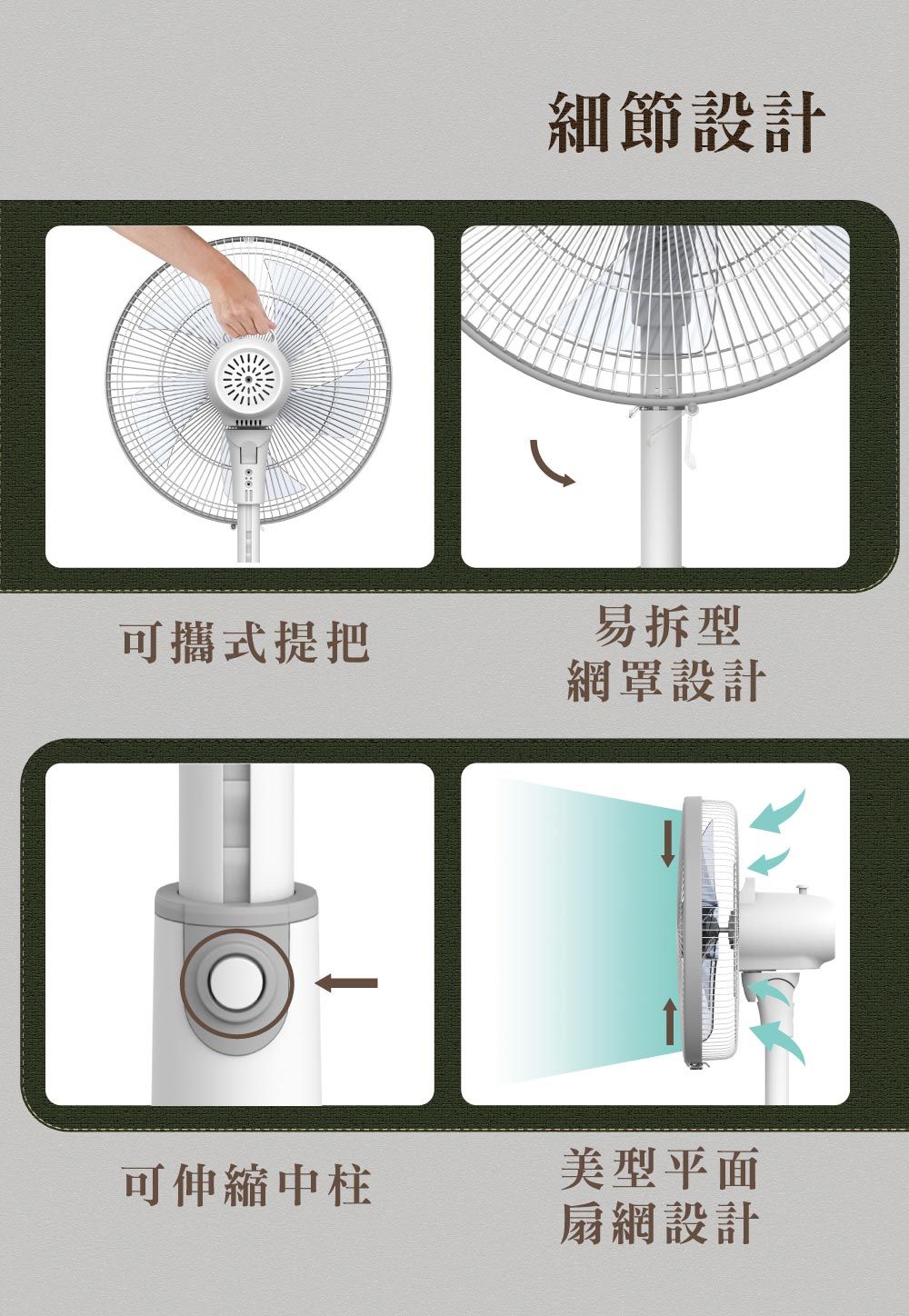可攜式提把細節設計易拆型網罩設計可伸縮中柱美型平面扇網設計