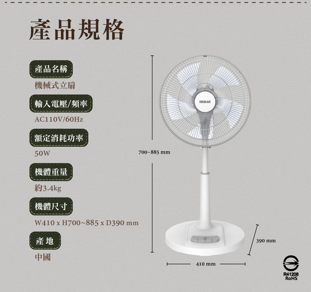 產品規格產品名稱機械式立扇輸入電壓/頻率AC110V/60Hz額定消耗功率50W700~885mm機體重量約3.4kg機體尺寸W410  H700-885 x D390 mm產地中國HERAN410 mm390 mmR41208RoHS
