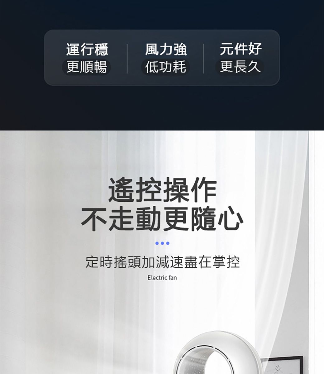 運行風力強元件好更順暢低功耗更長久遙控操作不走動更隨心定時搖頭加減速盡在掌控Electric fan