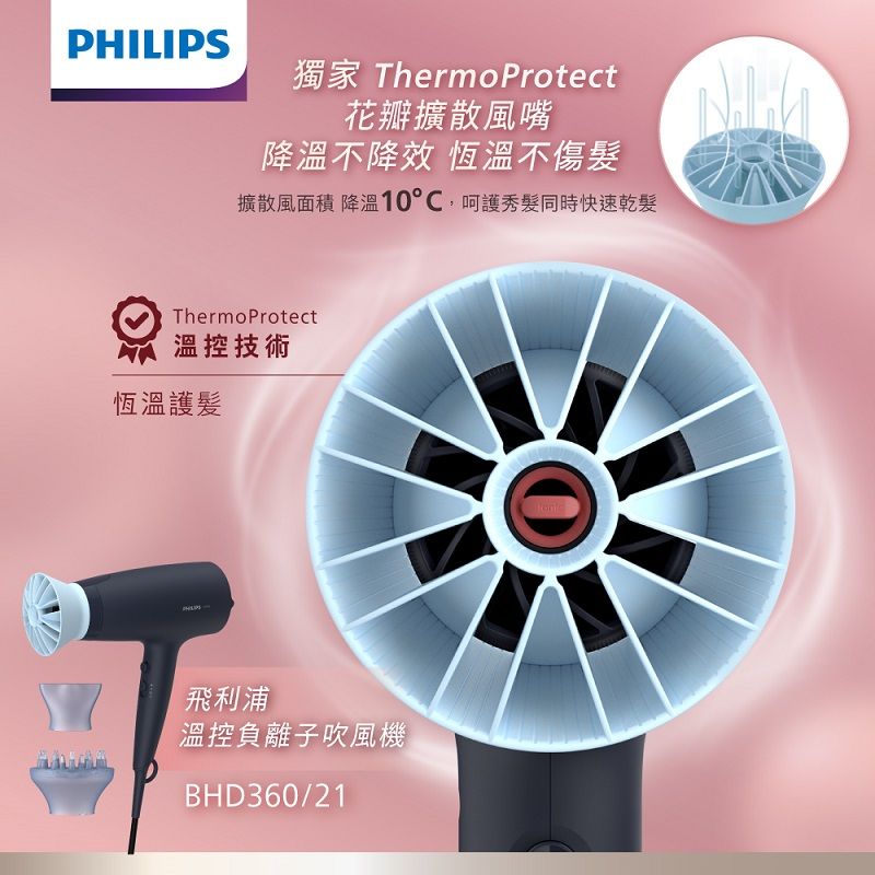 PHILIPS 飛利浦 負離子溫控護髮吹風機 - 霧柔黑(BHD360 / 21)