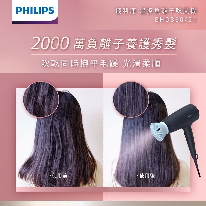 PHILIPS 飛利浦 負離子溫控護髮吹風機 - 霧柔黑(BHD360 / 21)