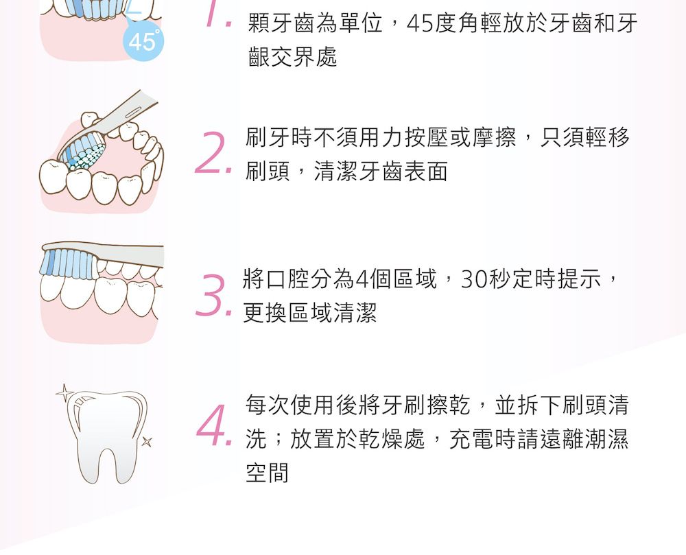 45顆牙齒為單位,45度角輕放於牙齒和牙齦交界處2.刷牙時不須用力按壓或摩擦,只須輕移刷頭,清潔牙齒表面3.將口腔分為4個區域,30秒定時提示,更換區域清潔4.每次使用後將牙刷擦乾,並拆下刷頭清洗;放置於乾燥處,充電時請遠離潮濕空間