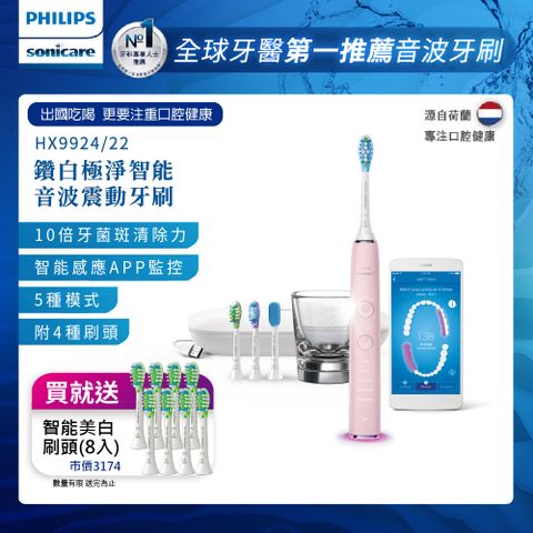 PHILIPS 飛利浦 Sonicare Smart 鑽石靚白智能音波震動牙刷HX9924/22 (典雅粉)售價已折!!