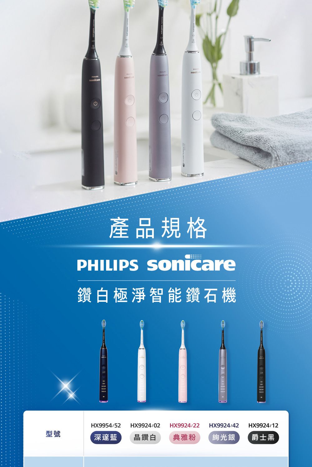 產品規格PHILIPS 鑽白極淨智能鑽石機HX9954/52HX9924/02HX9924/22HX9924/42HX9924/12型號深邃藍晶鑽白典雅粉絢光銀爵士黑