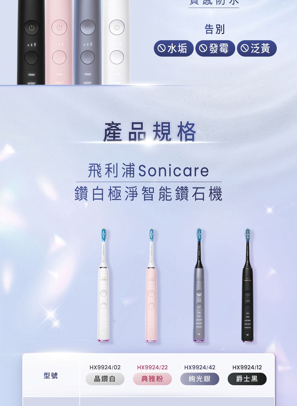 cleanwhitecleanwhite告別水垢 發霉 泛黃產品規格飛利浦Sonicare鑽白極淨智能鑽石機HX9924/02HX9924/22HX9924/42HX9924/12型號晶鑽白典雅粉絢光銀爵士黑