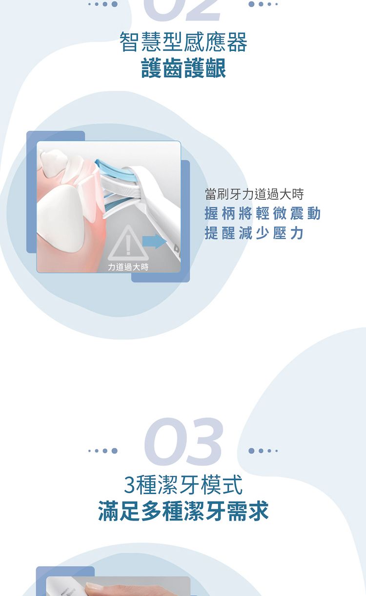 智慧型感應器護齒護齦力道過大時當刷牙力道過大時握柄將輕微震動提醒減少壓力033種潔牙模式滿足多種潔牙需求