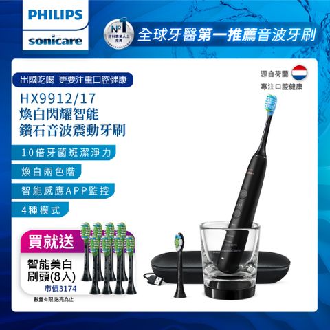 PHILIPS 飛利浦 煥白閃耀智能鑽石音波電動牙刷HX9912/17 (黑鑽)