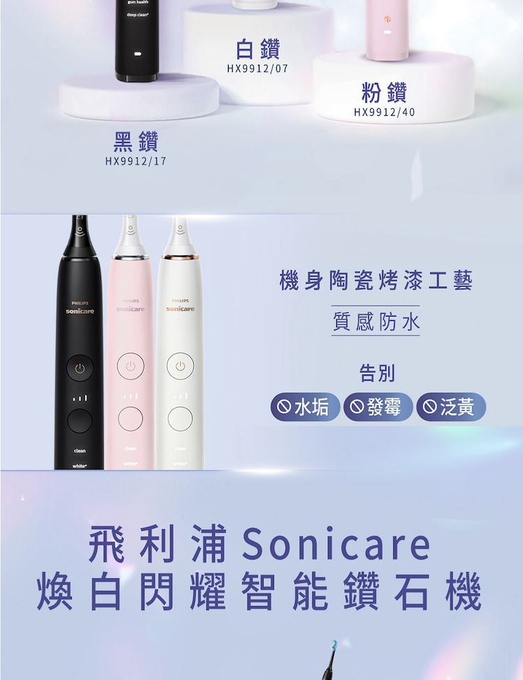 黑鑽HX992/17sonicaresonicareclean1白鑽HX9912/07粉鑽HX9912/40機身陶瓷烤漆工藝質感防水告別水垢 發霉泛黃飛利浦Sonicare煥白閃耀智能鑽石機