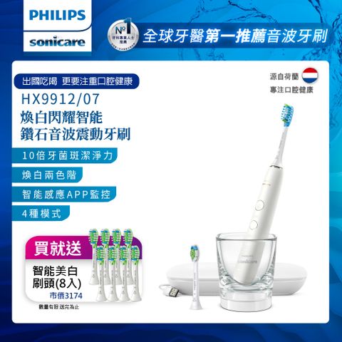 PHILIPS 飛利浦 煥白閃耀智能鑽石音波電動牙刷HX9912/07 (白鑽)