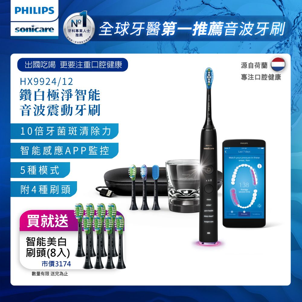 PHILIPS 飛利浦 Sonicare DiamondClean Smart 鑽石極淨智能音波震動牙刷HX9924/12 (爵士黑)售價已折!!