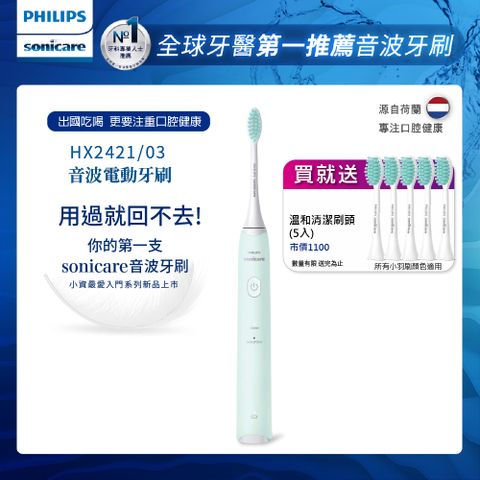 PHILIPS 飛利浦 輕巧軟毛音波震動牙刷-薄荷綠HX2421/03+專用溫和清潔刷頭*五支