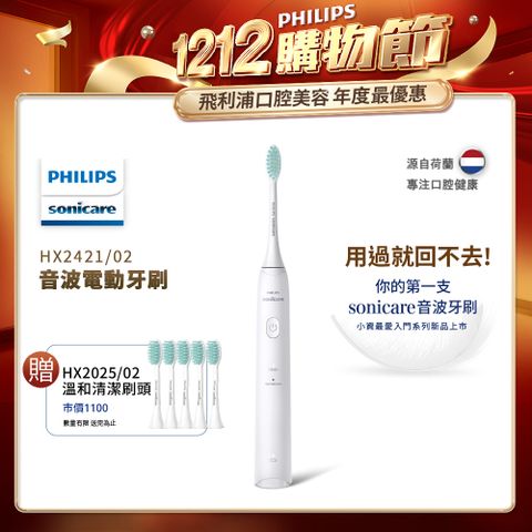 PHILIPS 飛利浦 輕巧軟毛音波震動牙刷-輕羽白HX2421/02+專用溫和清潔刷頭*五支