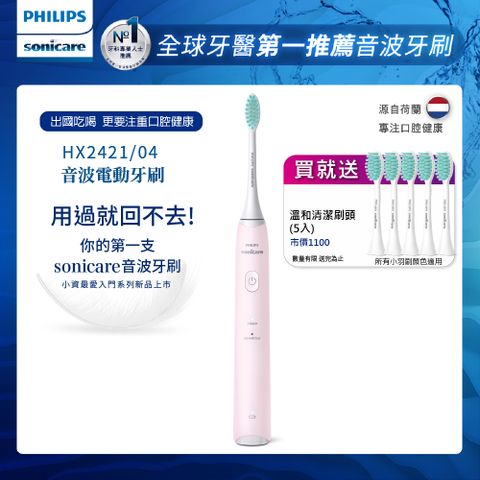 PHILIPS 飛利浦 輕巧軟毛音波震動牙刷-柔霧粉HX2421/04+專用溫和清潔刷頭*五支