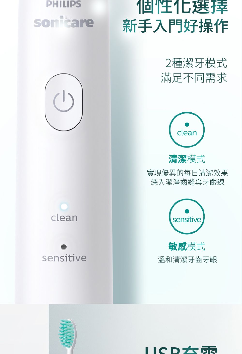 PHILIPSsonicareclean個性化選擇新手入門好操作2種潔牙模式滿足不同需求clean清潔模式實現優異的每日清潔效果深入潔淨齒縫與牙齦線sensitive敏感模式sensitive溫和清潔牙齒牙齦