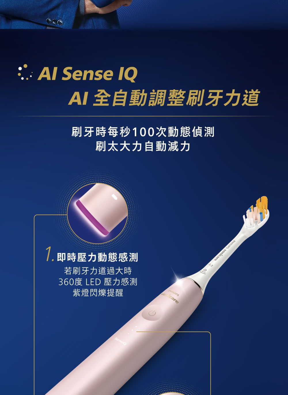 Sense AI全自動調整刷牙力道刷牙時每秒100次動態偵測刷太大力自動減力 即時壓力動態感測若刷牙力道過大時360度 LED 壓力感測紫燈閃爍提醒