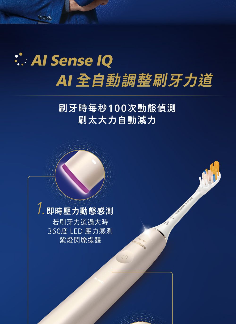 Sense AI全自動調整刷牙力道刷牙時每秒100次動態偵測刷太大力自動減力 即時壓力動態感測若刷牙力道過大時360度 LED 壓力感測紫燈閃爍提醒PHILIPSSenselPHILIPS
