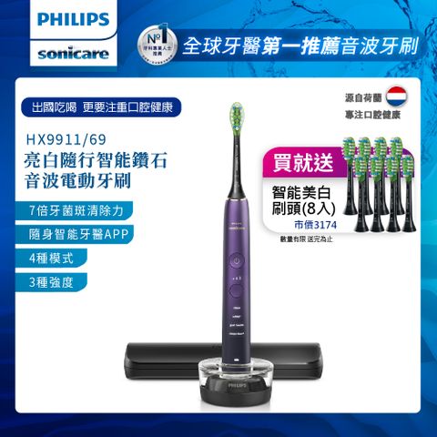 PHILIPS 飛利浦 Sonicare 亮白隨行智能鑽石音波電動牙刷 HX9911/69 (紫鑽)