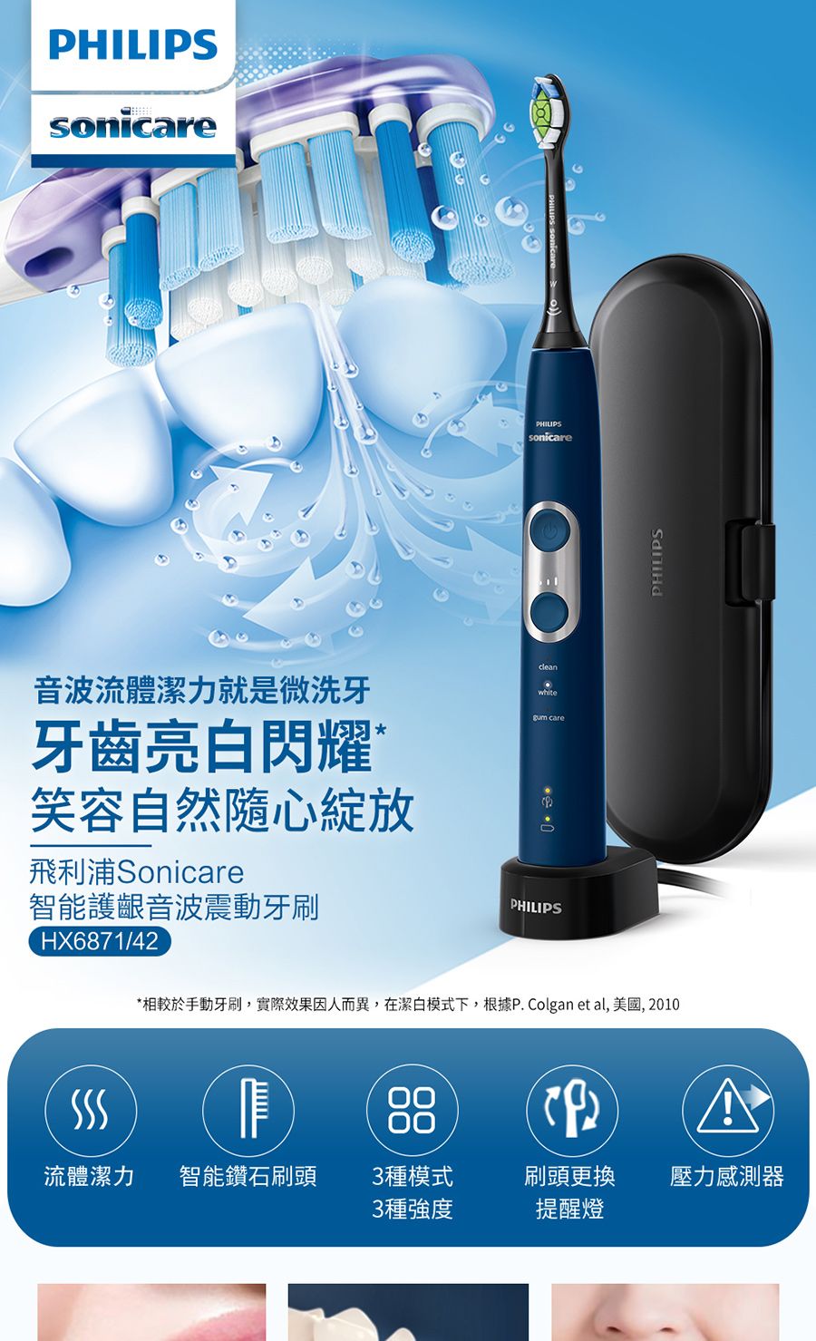 sonicare音波流體潔力就是微洗牙gum care牙齒亮白閃耀笑容自然隨心綻放飛利浦Sonicare智能護齦音波震動牙刷HX6871/42PHILIPSPHILIPSsonicare*相較於手動牙刷,實際效果因人而異,在潔白模式下,根據P. Colgan et al, 美國, 2010PHILIPSA流體潔力 智能鑽石刷頭3種模式刷頭更換壓力感測器3種強度提醒燈