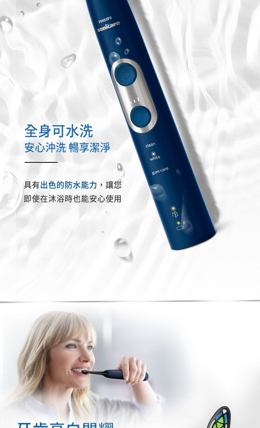 全身可水洗PHILIPSsonicare安心沖洗 暢享潔淨clean具有出色的防水能力,讓您即使在沐浴時也能安心使用whitegum care