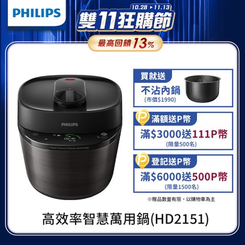 PHILIPS 飛利浦 快速洩壓智慧萬用鍋HD2151(黑小萬)