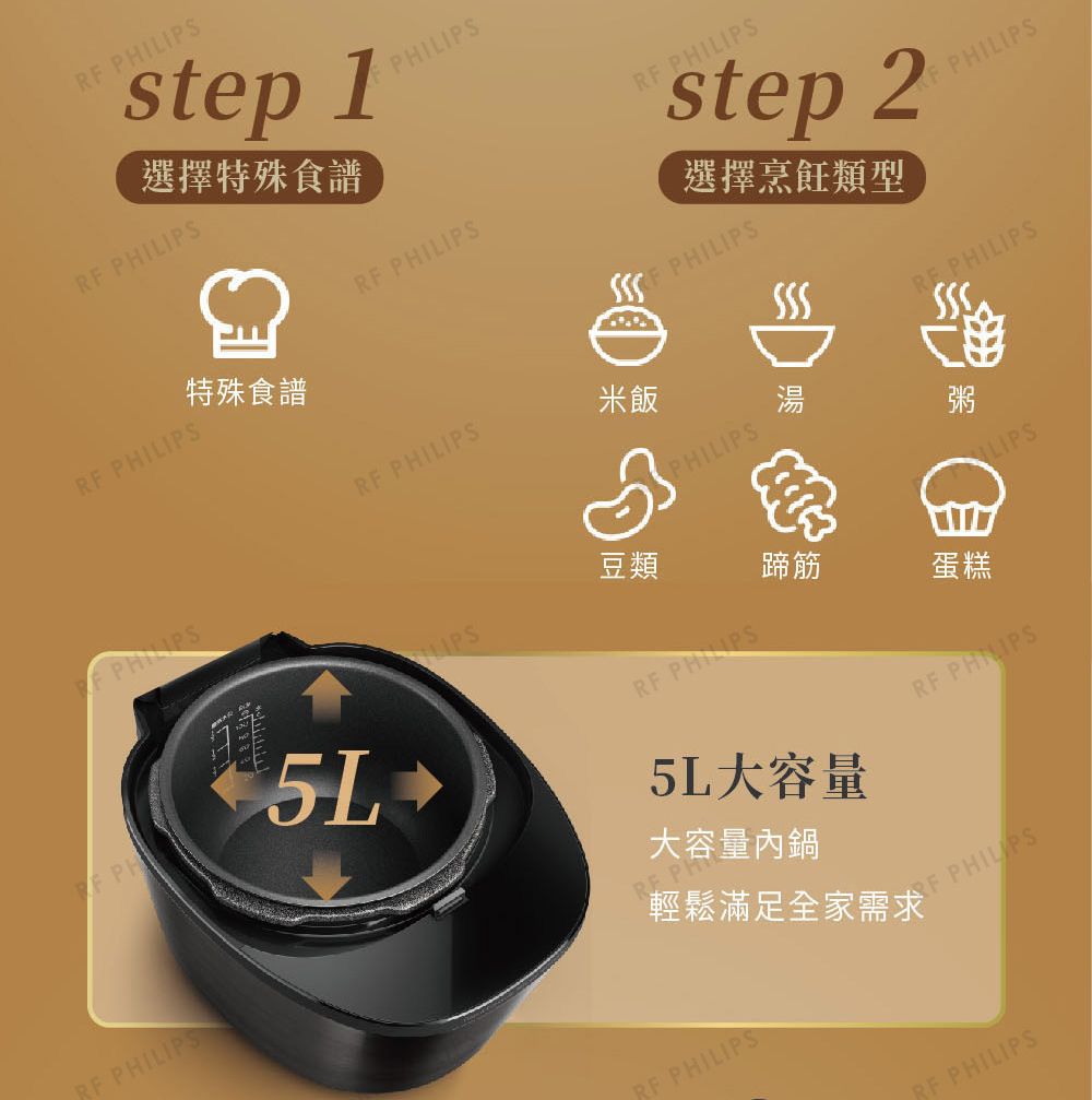 R step 1選擇特殊食譜 IL 特殊食譜 PHILIPS PHILIPSstep 2選擇烹飪類型 PHILIPSPHILIPS湯F PHILIPS PHILIPS粥LIPSRF PHILIPS米飯PHILIPSPHRF PHILIPS豆類蹄筋IPSRF PHPS5L大容量蛋糕RF PHILIPS大容量內鍋PH輕鬆滿足全家需求RF PHILIPSRF PHILIPSRF PHILIPS