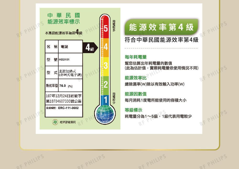 中華民國能源標示  5本產品能源效率第名稱 電4 號 HD2151型 式電子鍋效率值 76.0(% 107年12月24日經能字第1070460730號公告|登錄編號:ERC-111-0002經濟部能源L 3 I2能源效率第4級符合中華民國能源效率第4級每年耗電量幫您估算出年耗電量的數值(此為估計值能源效率耗電量依使用情況不同總除濕率(W)除以有效輸入功率(W)能源因數值每月消耗1度電所能使用的容積大小等級標示耗電量分為1~5級,1級代表用電較少 PH   RF PHILIPSRF PHILIPSRF PHILIPS PHILIPS