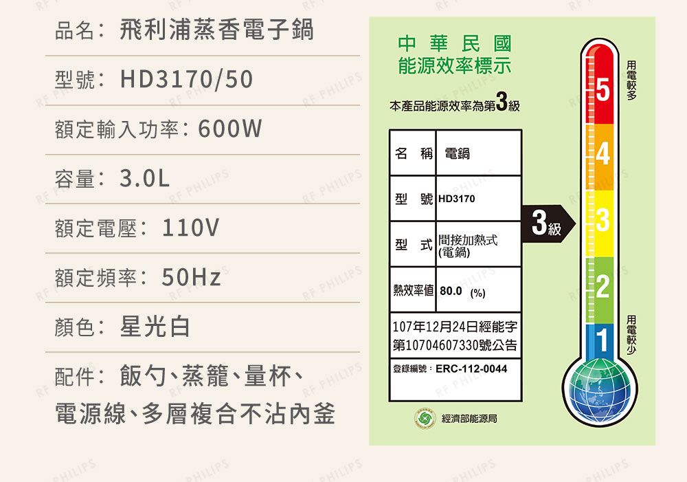 品名:飛利浦蒸香電子鍋型號:HD3170/50中華民國額定輸入功率: IPS能源效率標示本產品能源效率為第 容量: 3.0L P名 稱 電鍋額定電壓:110V P4型號 HD3170額定頻率: 50Hz顏色:星光白 P型式 間接加熱式(電鍋)3級熱效率值 80.0 (%)配件:飯勺、蒸籠、量杯、電源線、多層複合不沾釜 P PHIL 107年12月24日經能字第10704607330號公告 ||登錄編號:ERC-112-00441經濟部能源局HILIPSHILIPSHILIPSHILIPS